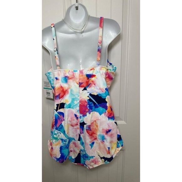 Maxine Shirred‎ Surplice One Piece Swimsuit Illusion Blossoms, Size 16 - Picture 7 of 14